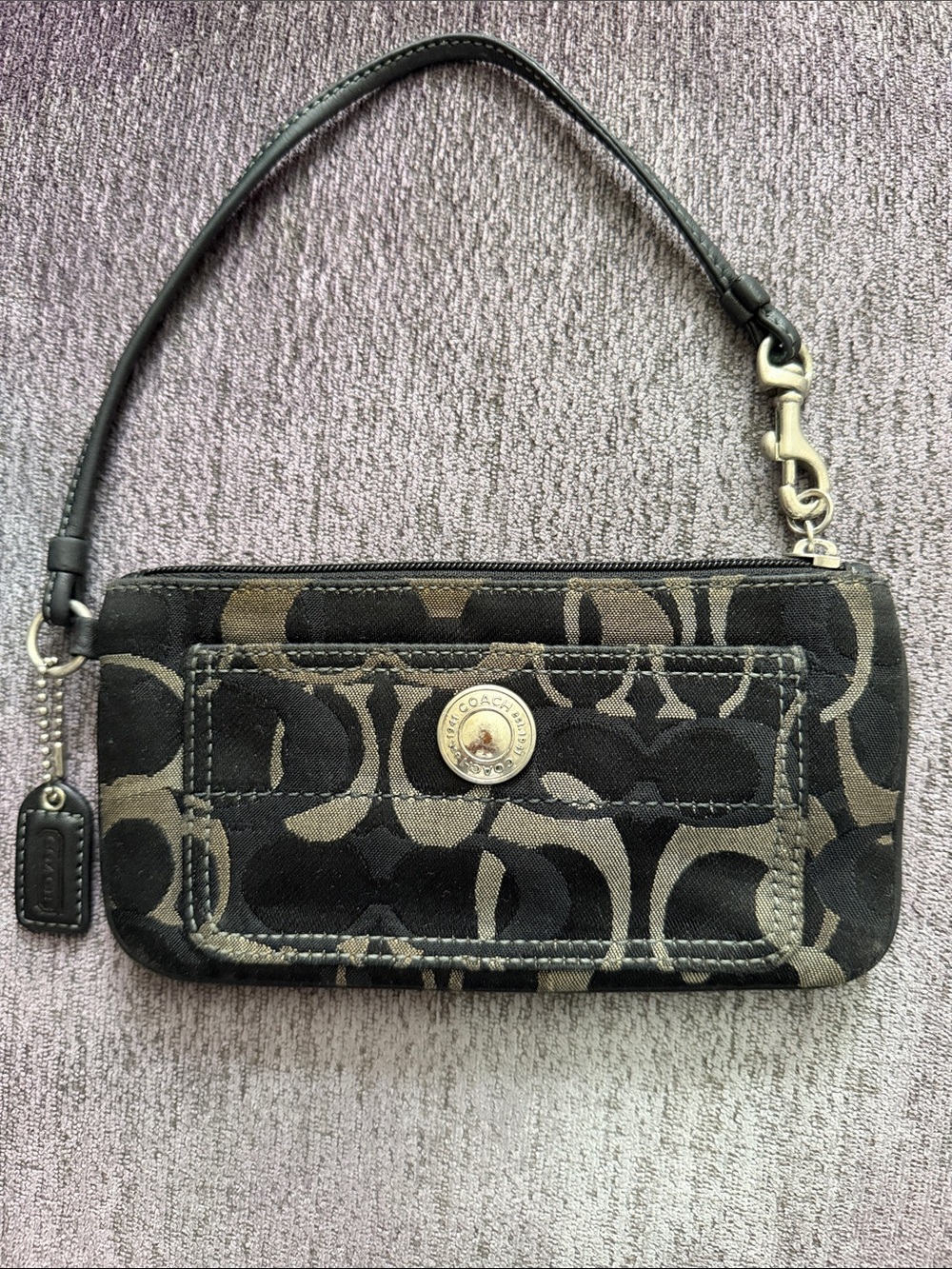 Coach Black and Taupe Signature Canvas Wristlet
